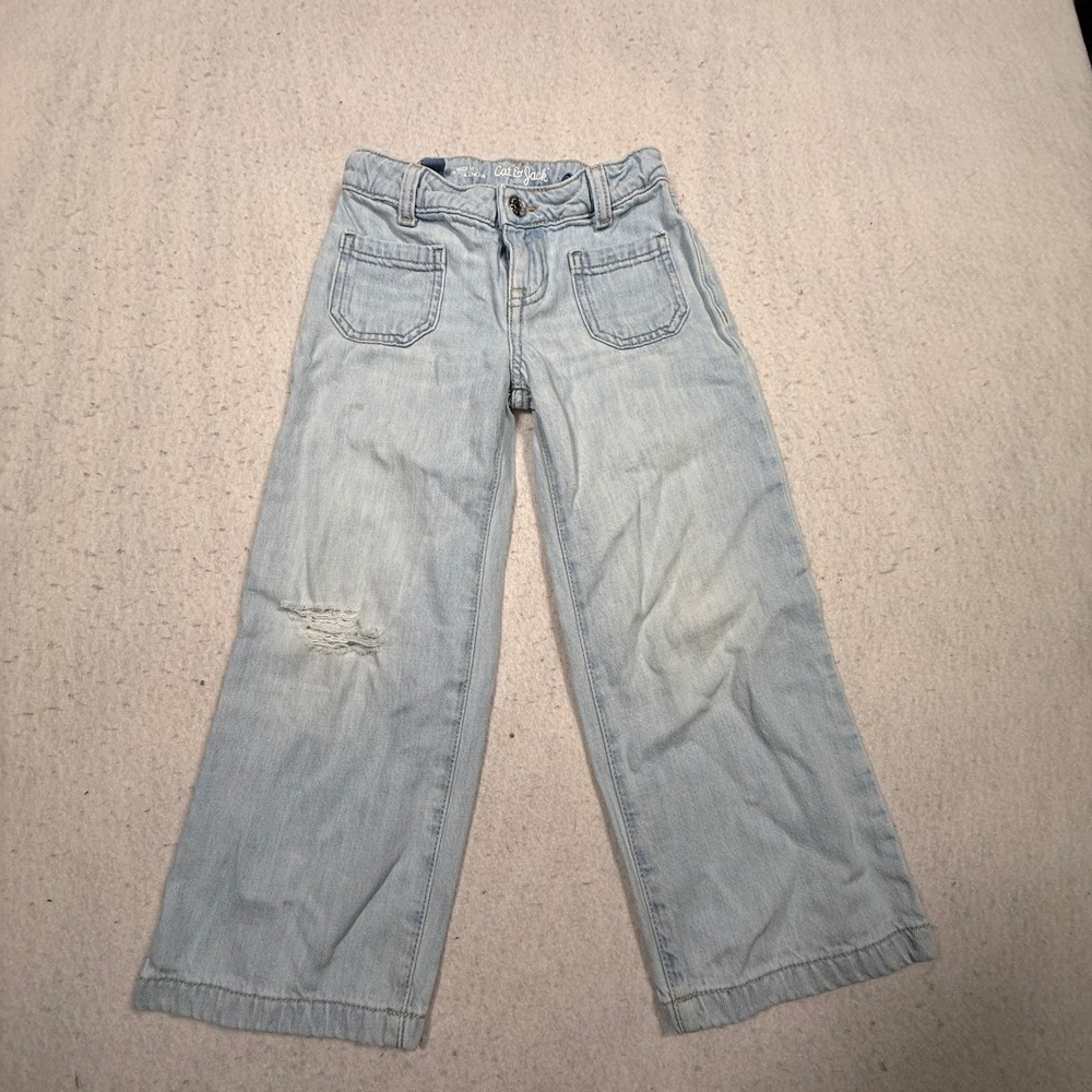 Cat & Jack Girls Light Wash Wide Leg Distressed Denim Jeans Size 5
